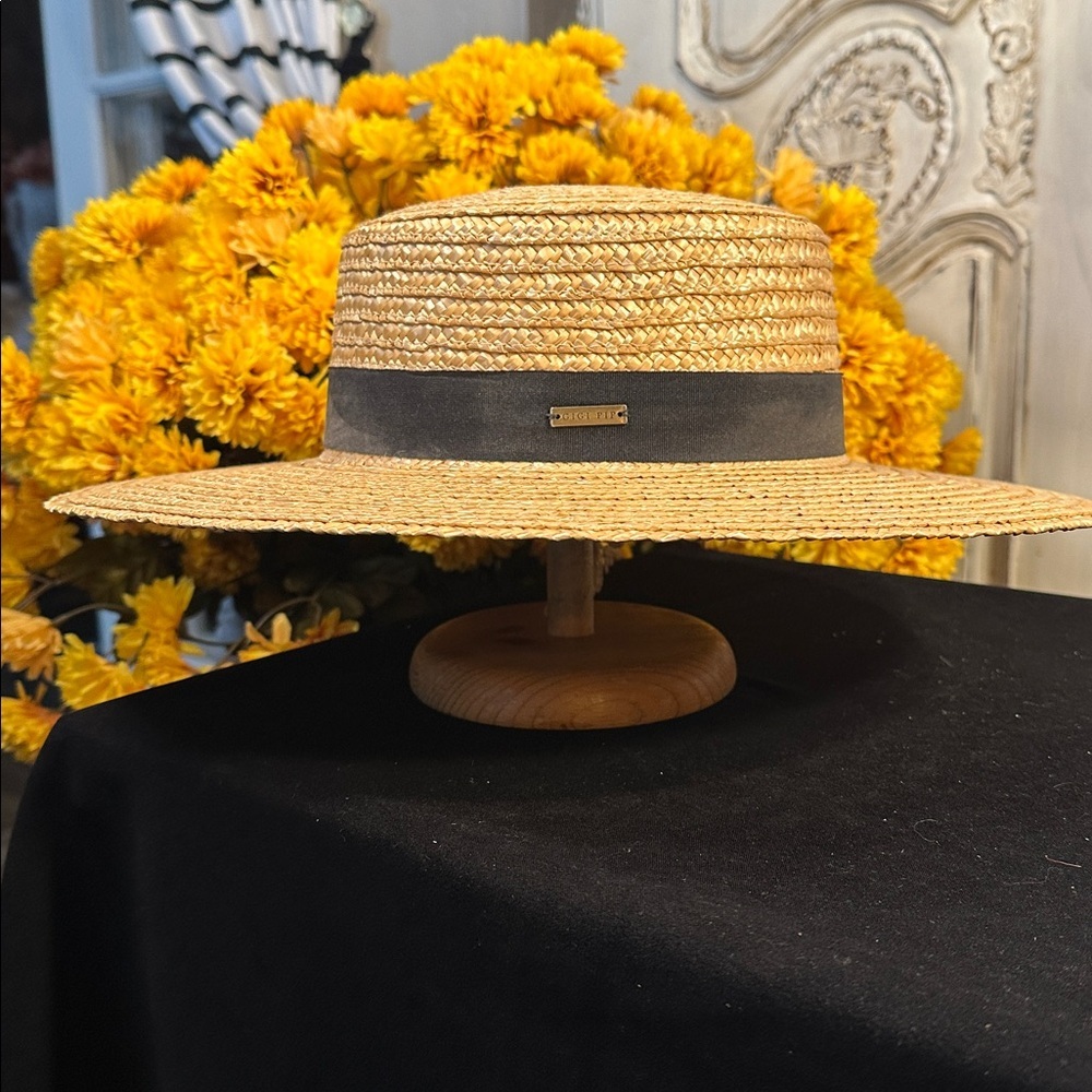 GIGI PIP Natural Straw Boater Hat with Gray Band
